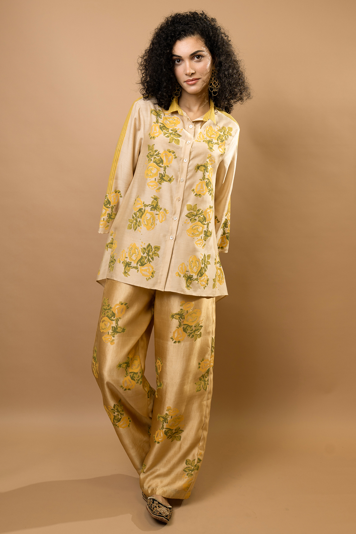 Beige Chanderi Block Printed Co-Ord Set by Krishna Mehta at Pernia's Pop Up Shop