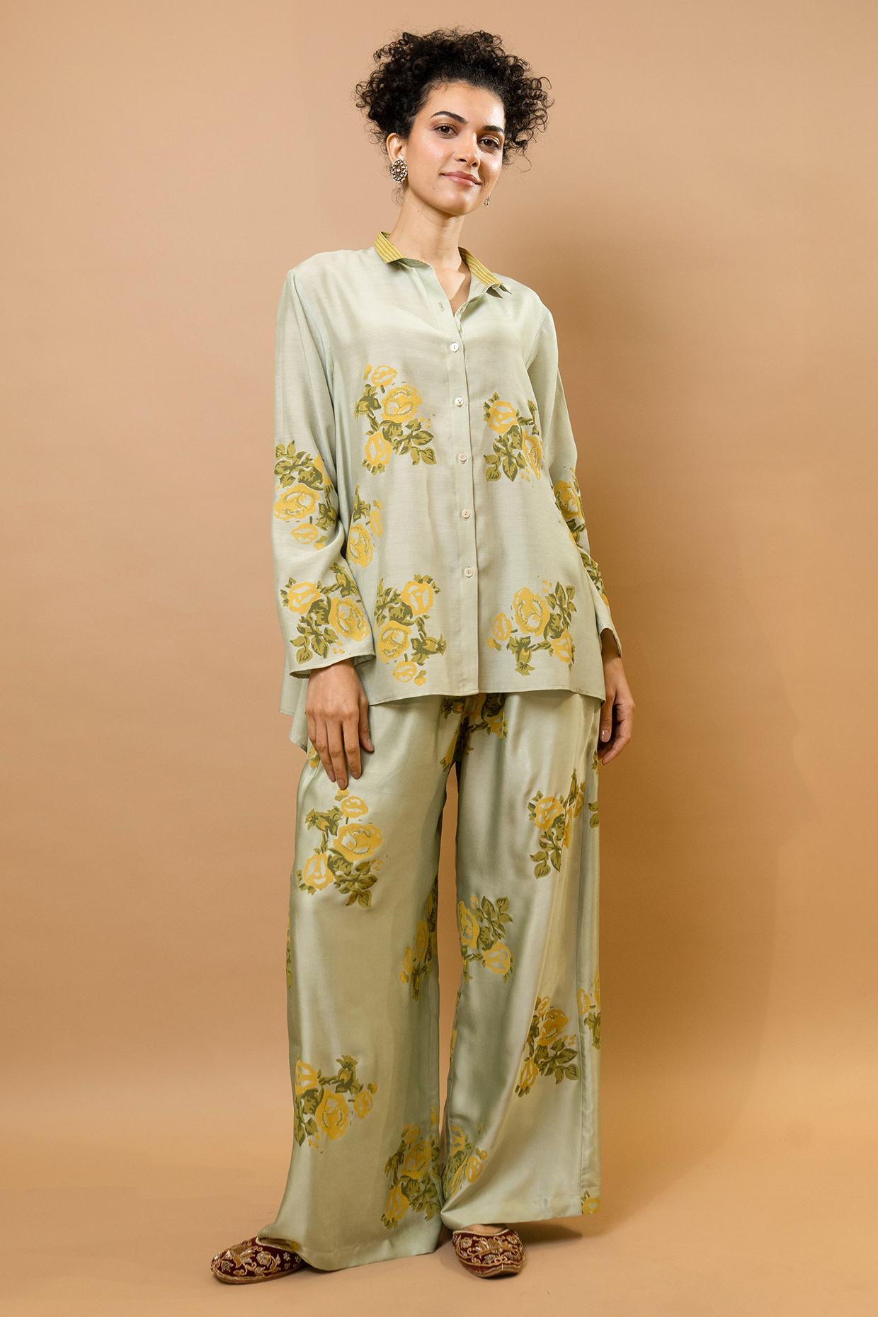 Pista Chanderi Block Printed Co-Ord Set by Krishna Mehta at Pernia's Pop Up Shop