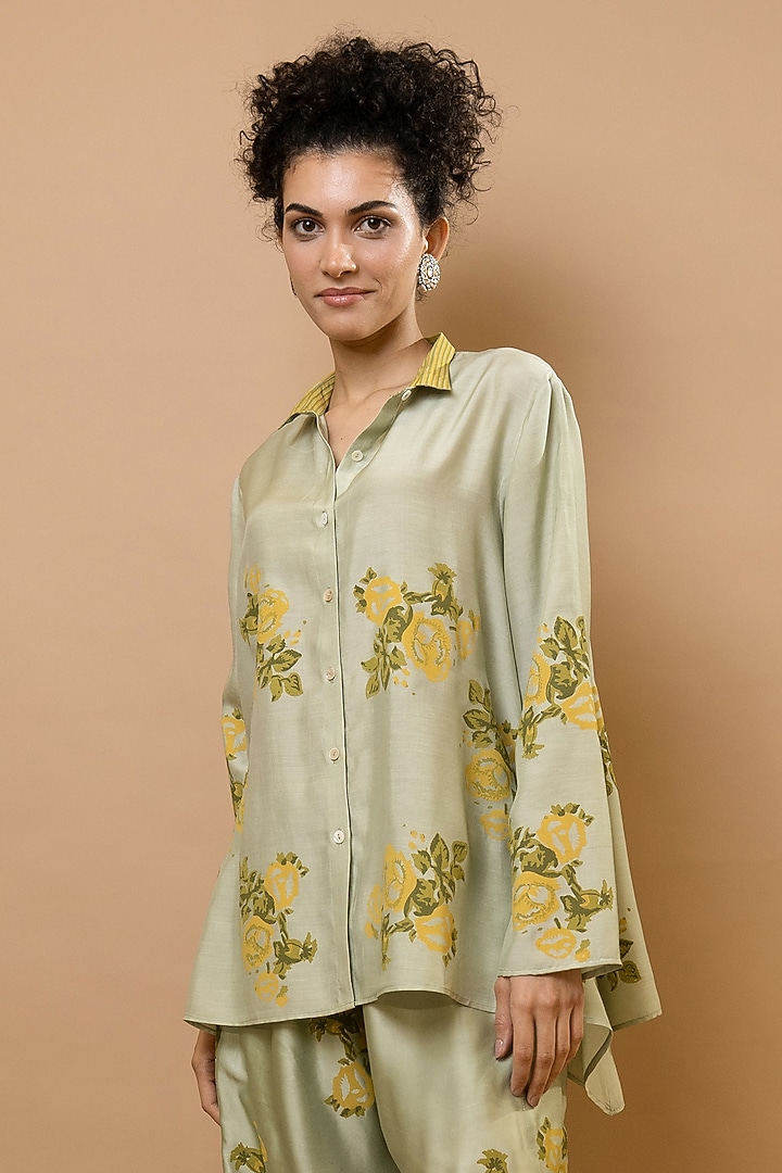 Pista Chanderi Block Printed Co-Ord Set by Krishna Mehta at Pernia's Pop Up Shop