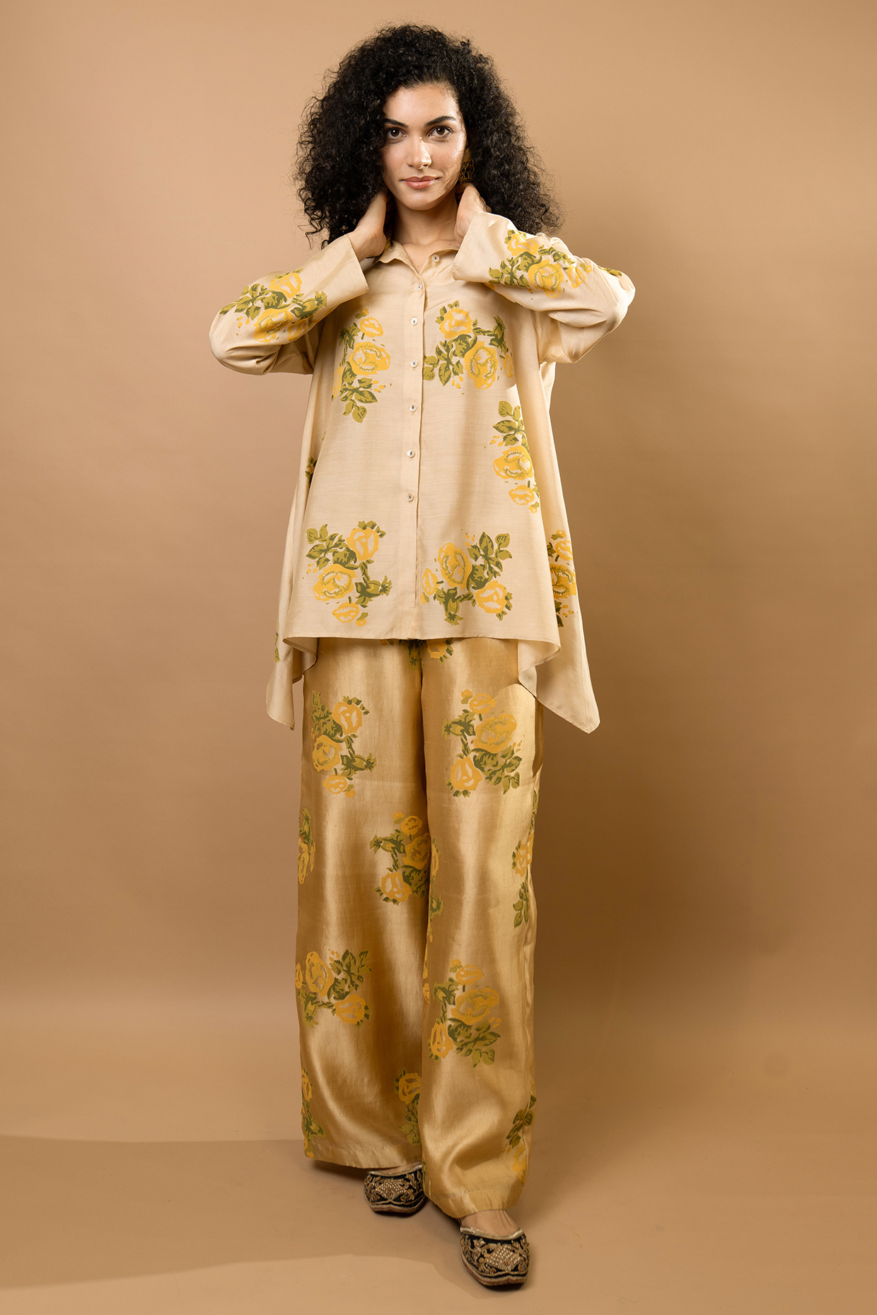 Beige Chanderi Block Printed Co-Ord Set by Krishna Mehta at Pernia's Pop Up Shop