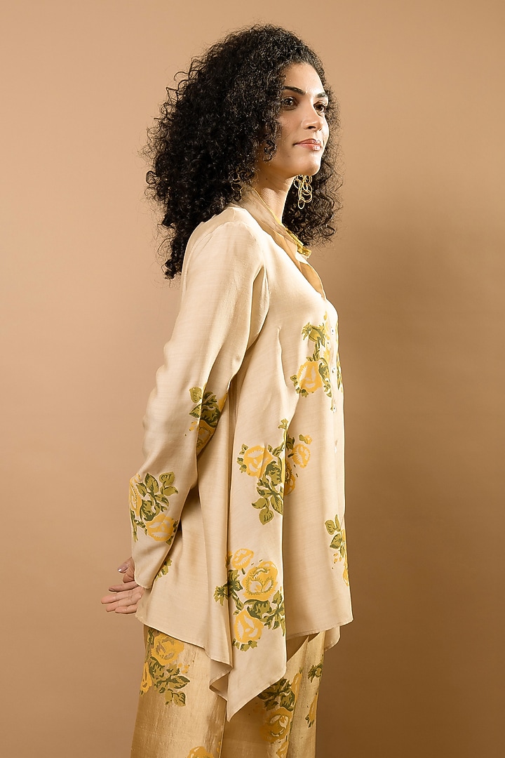 Beige Chanderi Block Printed Co-Ord Set by Krishna Mehta at Pernia's Pop Up Shop