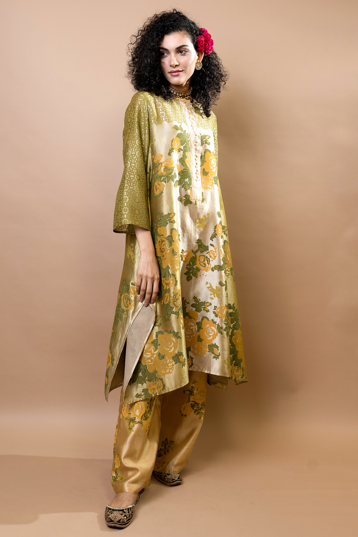 Olive Ombre Chanderi & Silk Block Printed Tunic Set by Krishna Mehta at Pernia's Pop Up Shop
