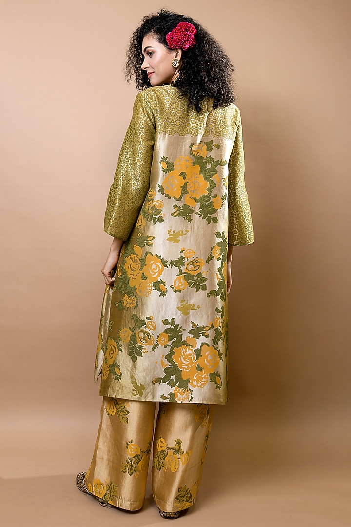 Olive Ombre Chanderi & Silk Block Printed Tunic Set by Krishna Mehta at Pernia's Pop Up Shop