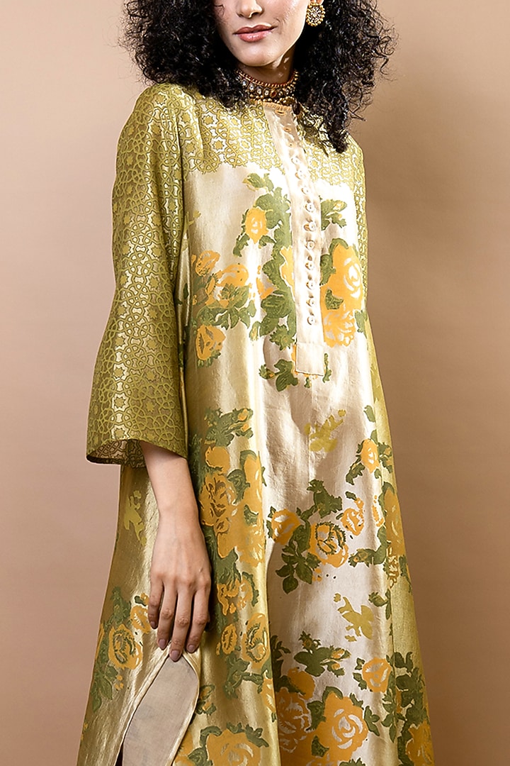 Olive Ombre Chanderi & Silk Block Printed Tunic Set by Krishna Mehta at Pernia's Pop Up Shop
