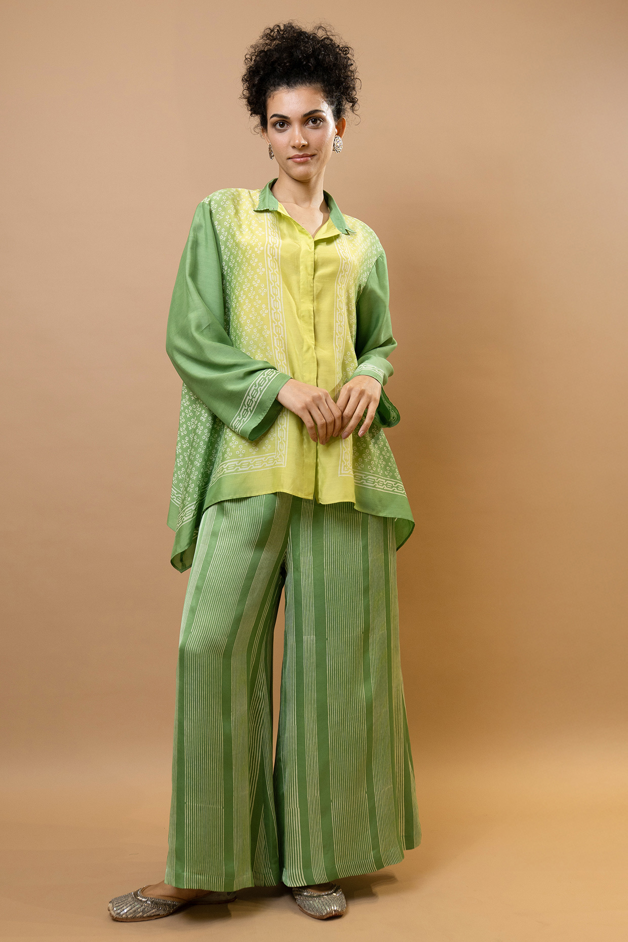 Pine Green & Lime Green Ombre Chanderi Block Printed Co-ord Set by Krishna Mehta at Pernia's Pop Up Shop
