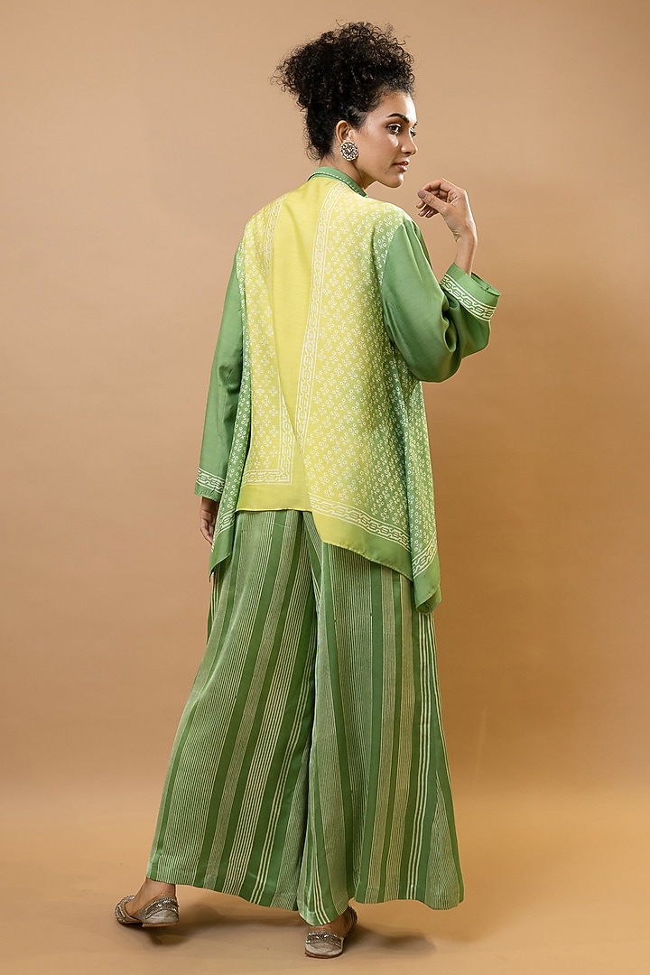 Pine Green & Lime Green Ombre Chanderi Block Printed Co-ord Set by Krishna Mehta at Pernia's Pop Up Shop