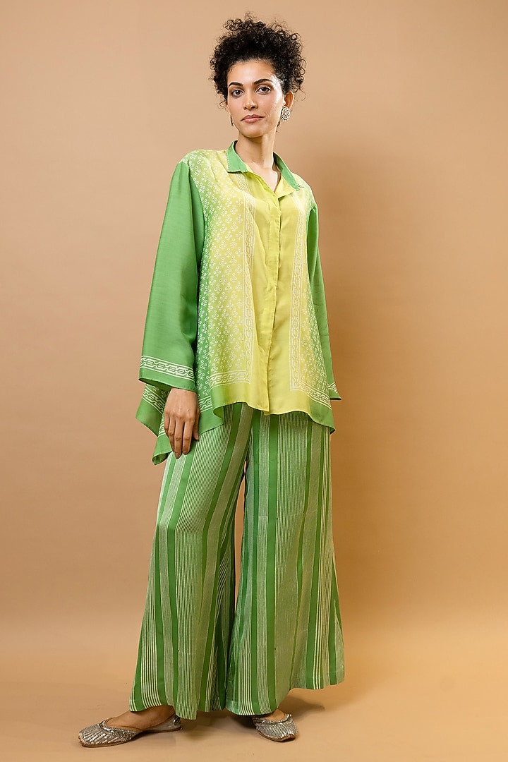Pine Green & Lime Green Ombre Chanderi Block Printed Co-ord Set by Krishna Mehta at Pernia's Pop Up Shop