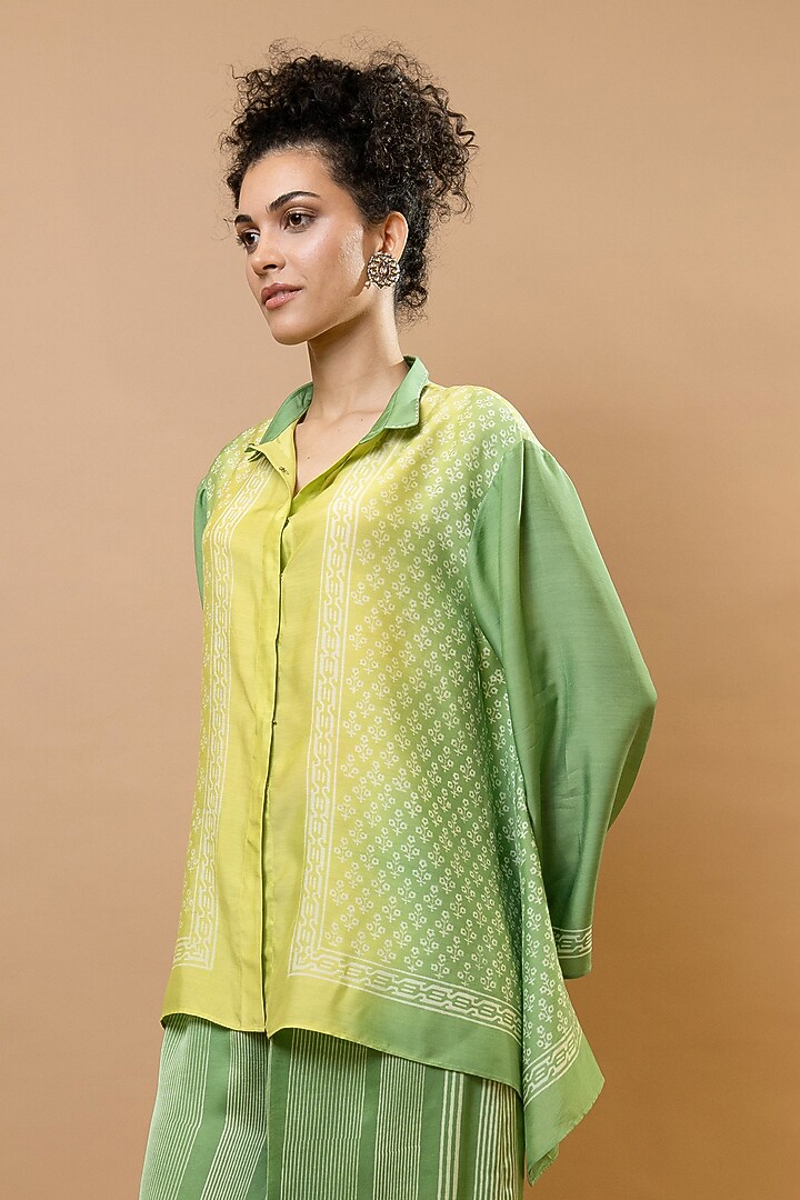 Pine Green & Lime Green Ombre Chanderi Block Printed Co-ord Set by Krishna Mehta at Pernia's Pop Up Shop