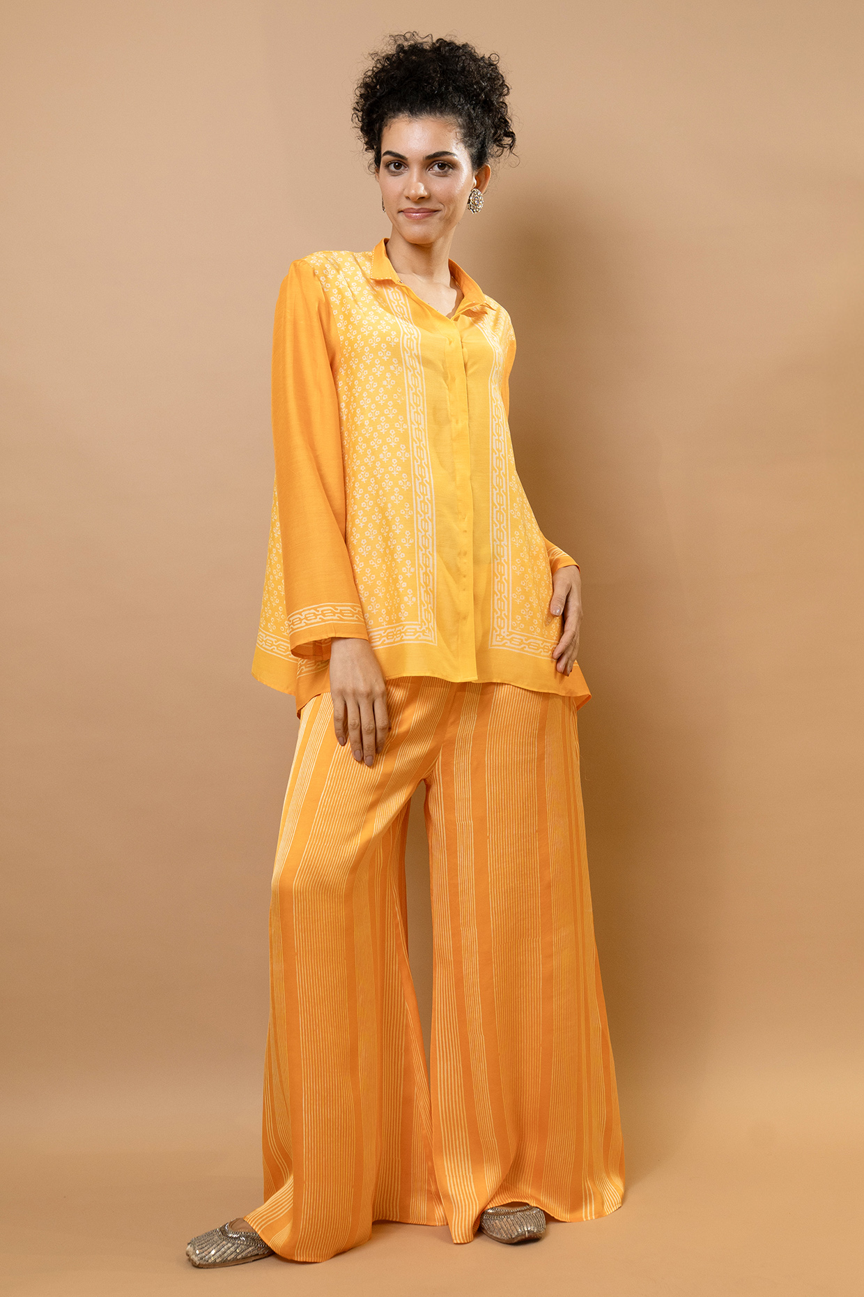 Yellow & Orange Ombre Chanderi Block Printed Co-ord Set by Krishna Mehta at Pernia's Pop Up Shop