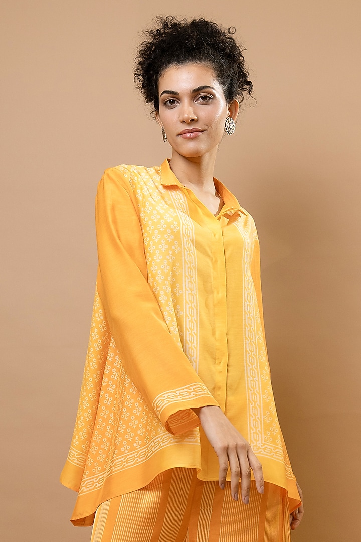 Yellow & Orange Ombre Chanderi Block Printed Co-ord Set by Krishna Mehta at Pernia's Pop Up Shop