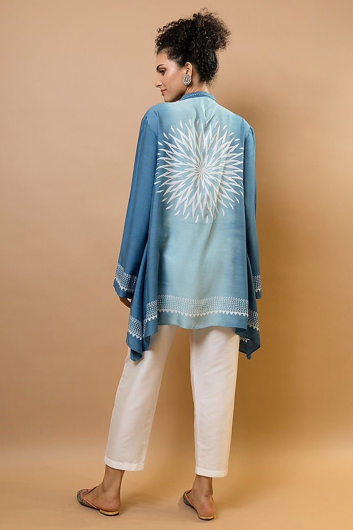 Indigo Blue Ombre Chanderi Block Printed Tunic Set by Krishna Mehta at Pernia's Pop Up Shop