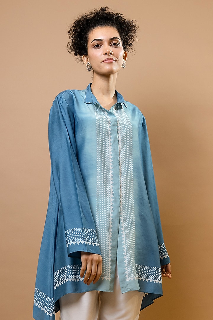 Indigo Blue Ombre Chanderi Block Printed Tunic Set by Krishna Mehta at Pernia's Pop Up Shop