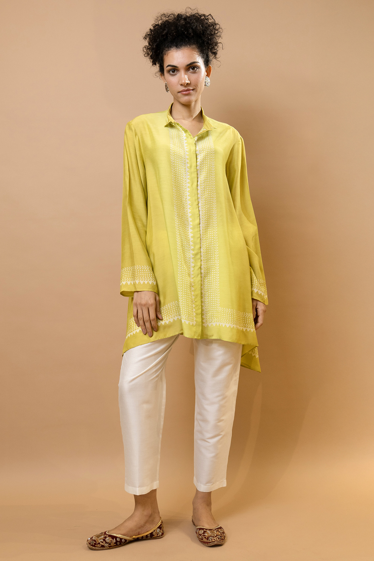 Olive & Lime Ombre Chanderi Block Printed Tunic Set by Krishna Mehta at Pernia's Pop Up Shop