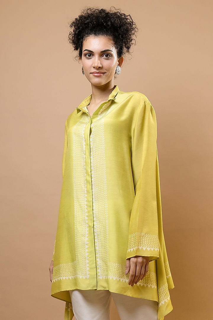 Olive & Lime Ombre Chanderi Block Printed Tunic Set by Krishna Mehta at Pernia's Pop Up Shop