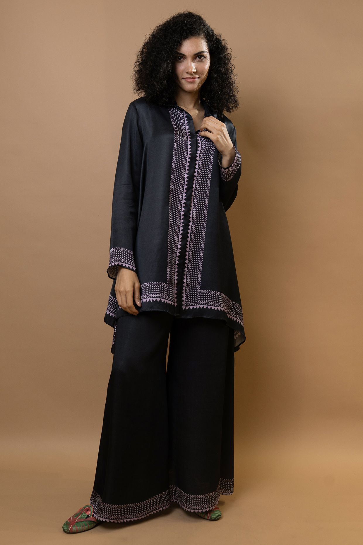 Black Modal Block Printed Co-Ord Set by Krishna Mehta at Pernia's Pop Up Shop