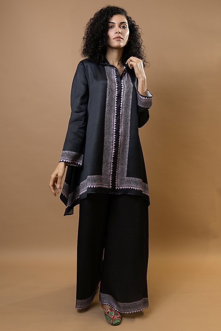 Black Modal Block Printed Co-Ord Set by Krishna Mehta at Pernia's Pop Up Shop