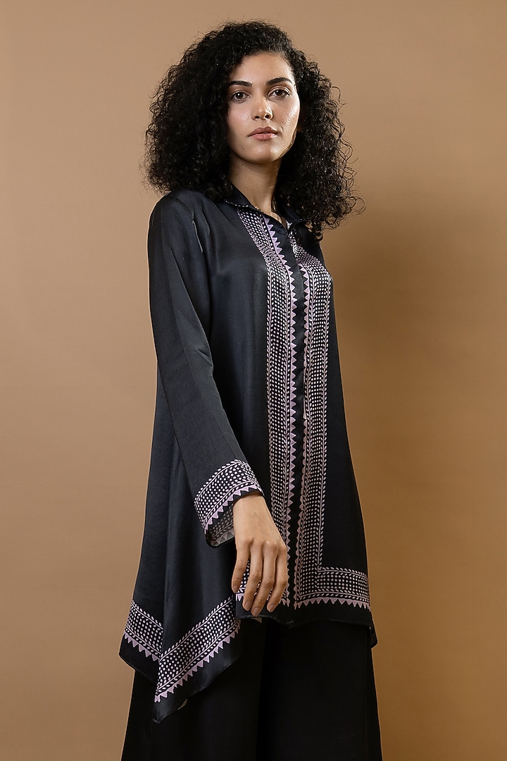 Black Modal Block Printed Co-Ord Set by Krishna Mehta at Pernia's Pop Up Shop
