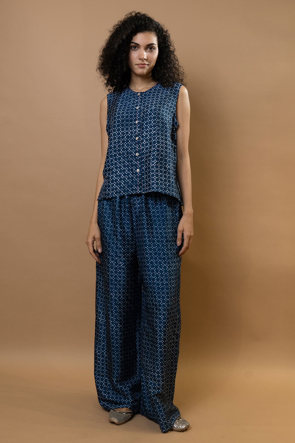 Indigo Blue Modal Block Printed Co-Ord Set by Krishna Mehta at Pernia's Pop Up Shop