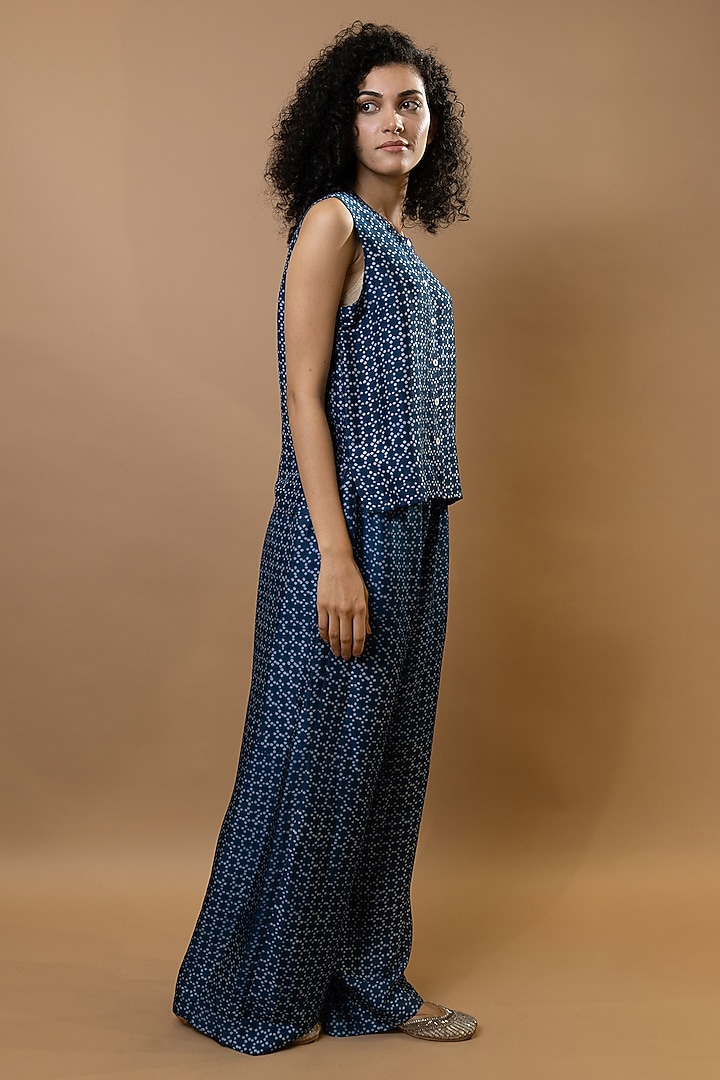 Indigo Blue Modal Block Printed Co-Ord Set by Krishna Mehta at Pernia's Pop Up Shop