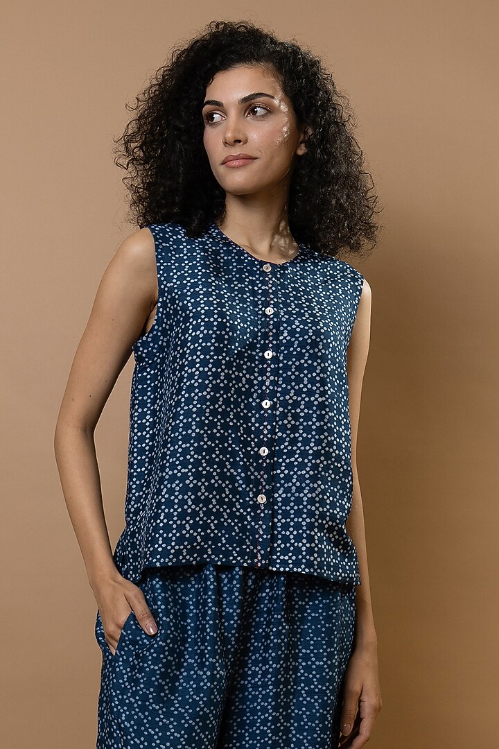 Indigo Blue Modal Block Printed Co-Ord Set by Krishna Mehta at Pernia's Pop Up Shop