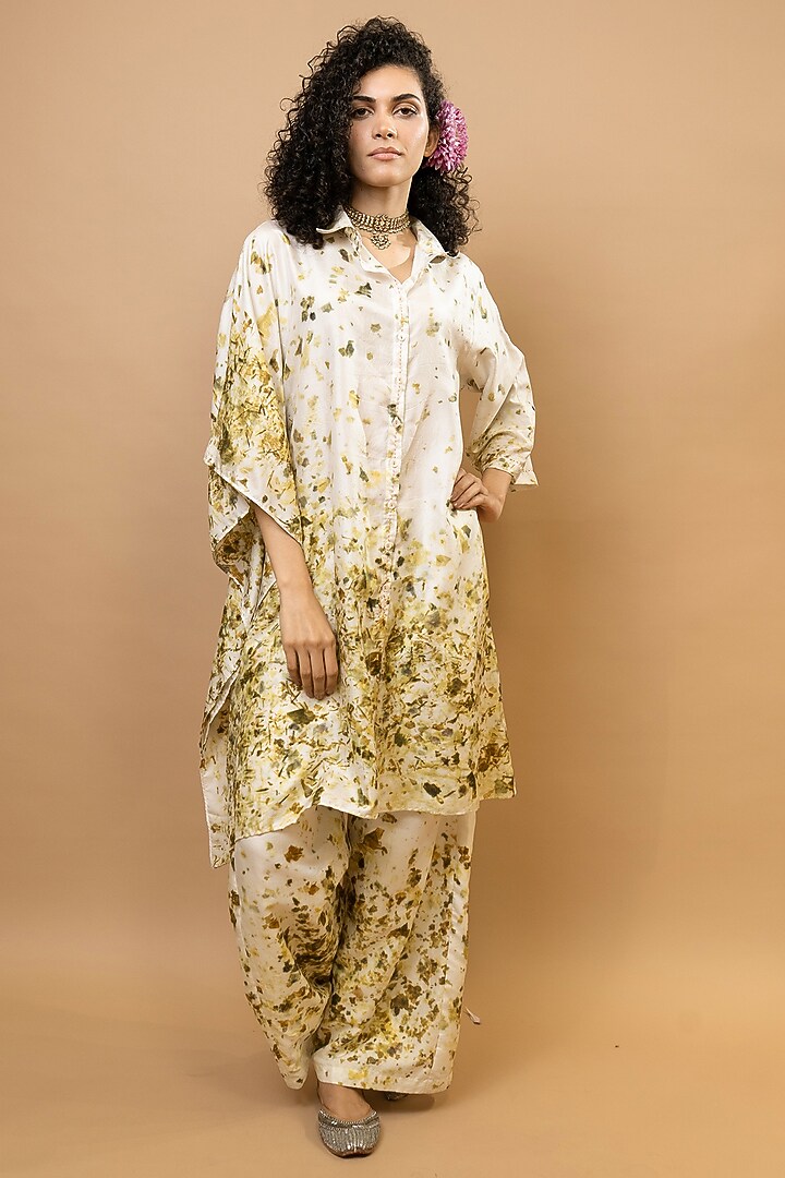 Olive Green & Ivory Pure Silk Tunic Set by Krishna Mehta at Pernia's Pop Up Shop