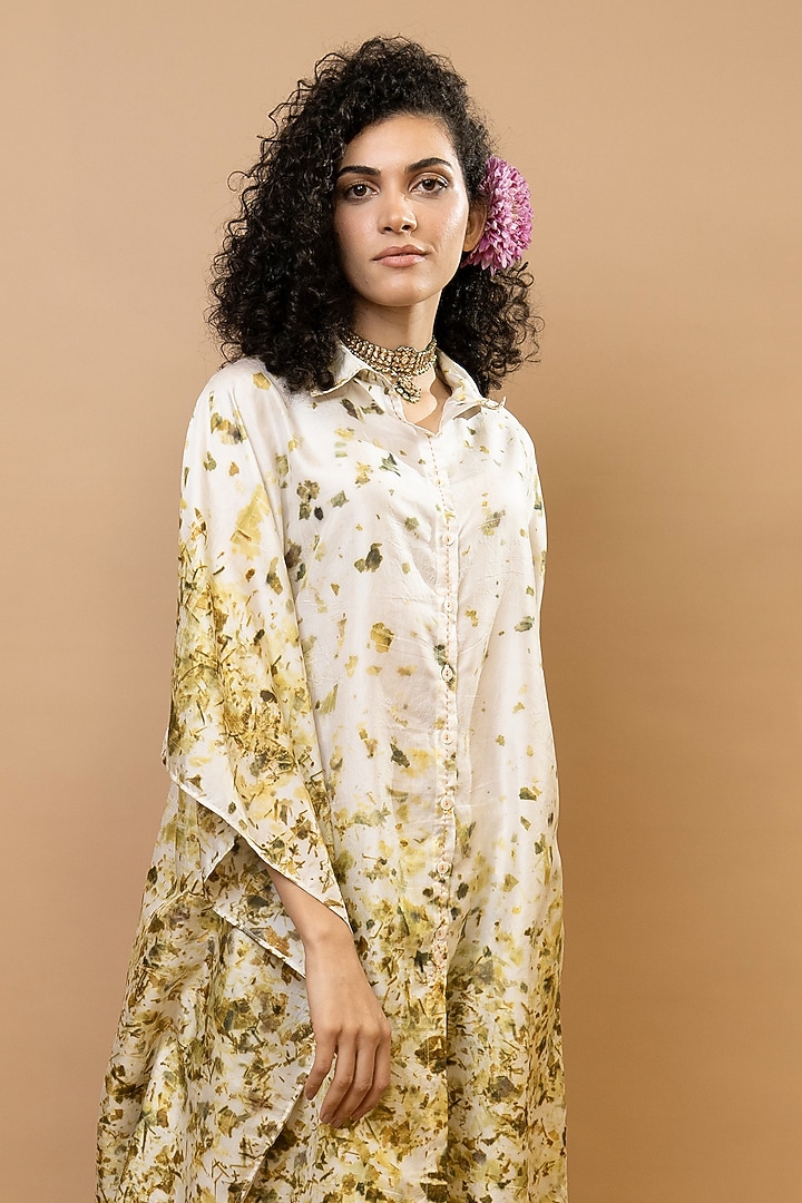 Olive Green & Ivory Pure Silk Tunic Set by Krishna Mehta at Pernia's Pop Up Shop