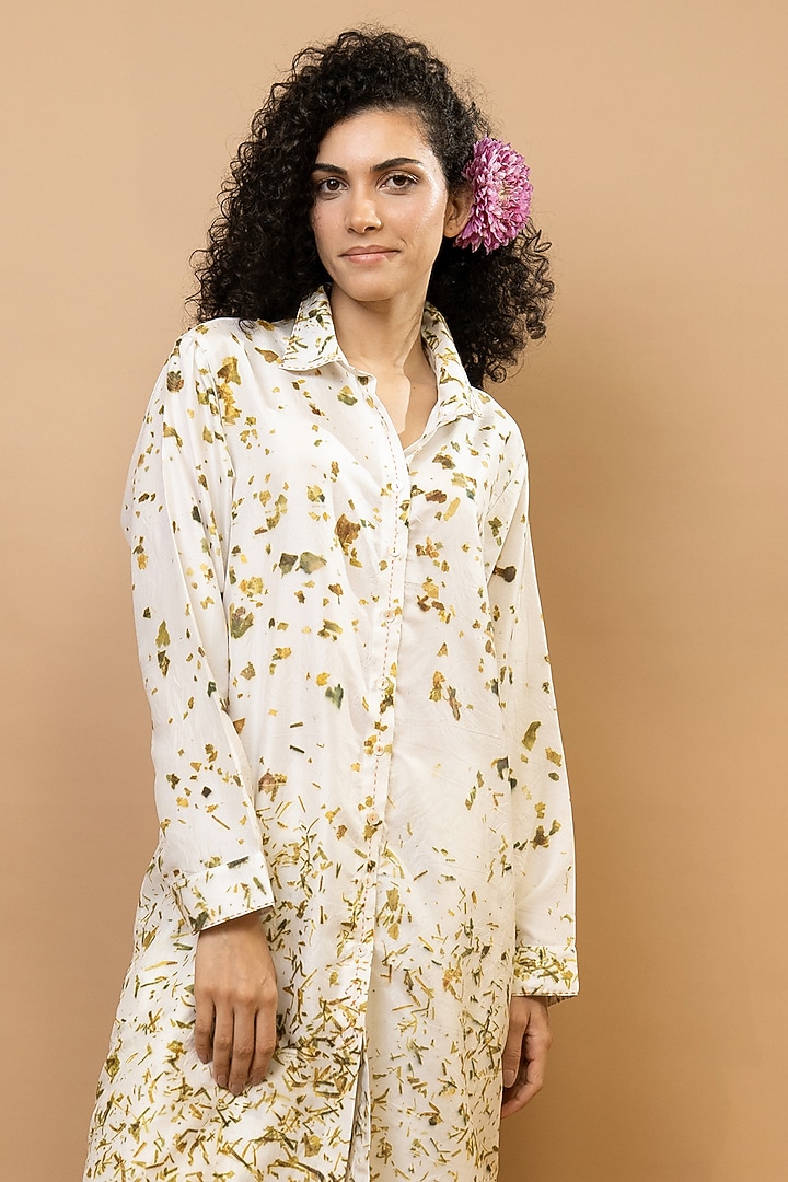 Olive Green & Ivory Pure Silk Tunic Set by Krishna Mehta at Pernia's Pop Up Shop