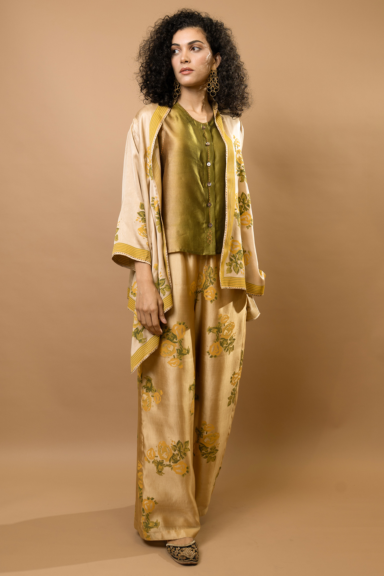 Beige Chanderi Block Printed Jacket Set by Krishna Mehta at Pernia's Pop Up Shop