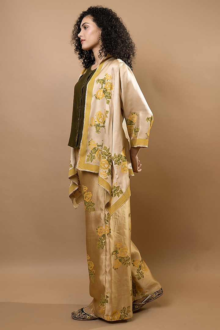 Beige Chanderi Block Printed Jacket Set by Krishna Mehta at Pernia's Pop Up Shop