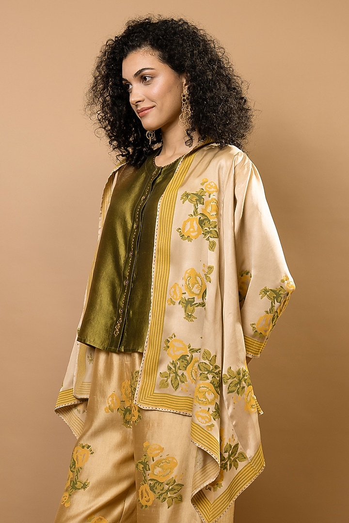 Beige Chanderi Block Printed Jacket Set by Krishna Mehta at Pernia's Pop Up Shop