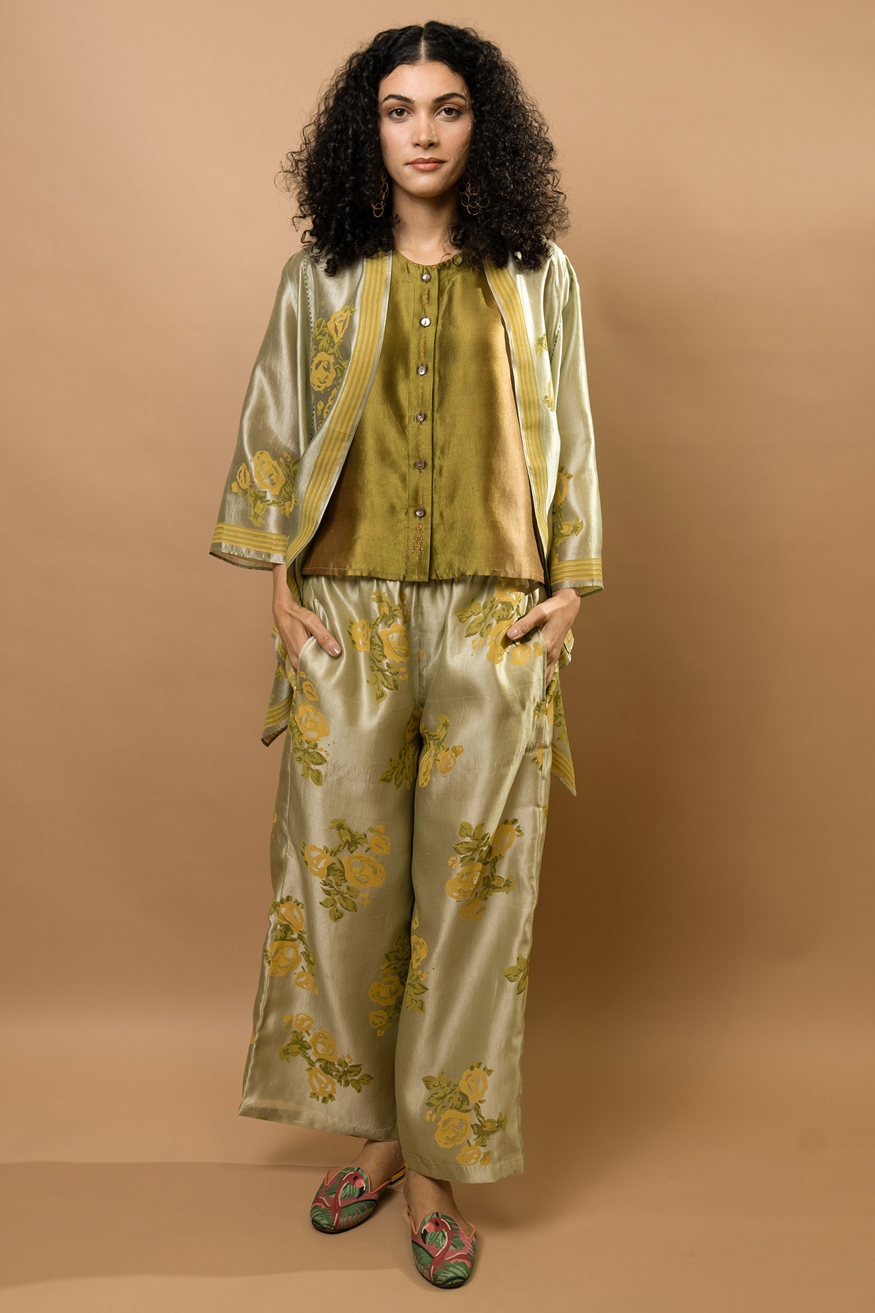 Green Chanderi Block Printed Jacket Set by Krishna Mehta at Pernia's Pop Up Shop