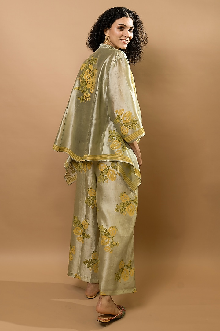 Green Chanderi Block Printed Jacket Set by Krishna Mehta at Pernia's Pop Up Shop