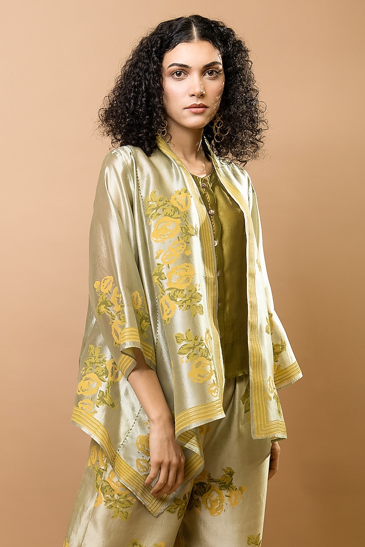 Green Chanderi Block Printed Jacket Set by Krishna Mehta at Pernia's Pop Up Shop