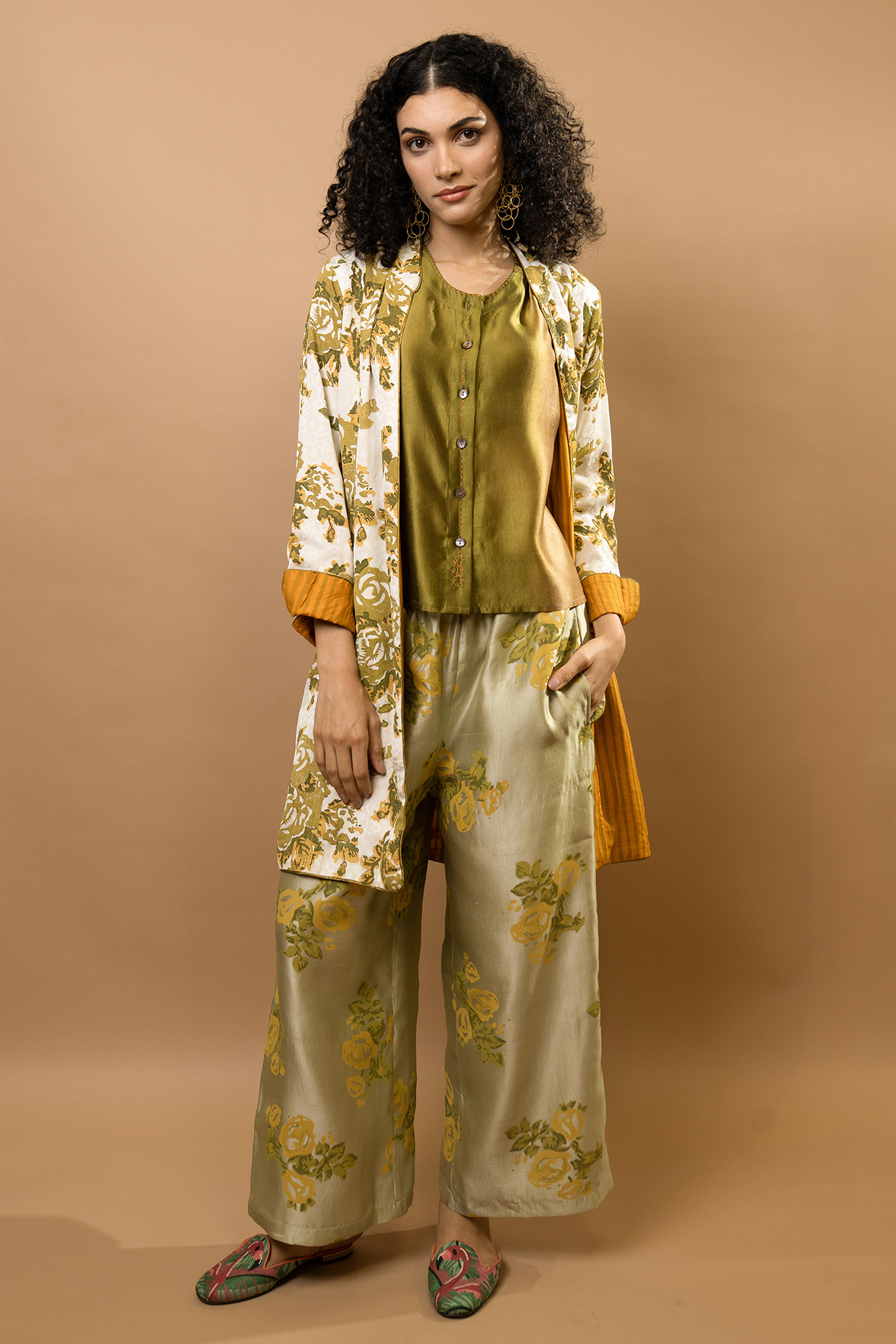 Olive Green Cotton Silk & Modal Block Printed Jacket Set by Krishna Mehta at Pernia's Pop Up Shop