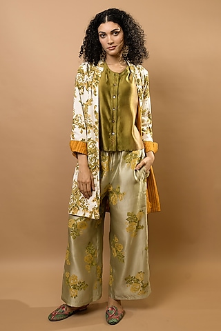 Olive Green Cotton Silk & Modal Block Printed Jacket Set by Krishna Mehta