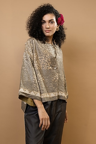 Beige Pure Silk Jacket by Krishna Mehta