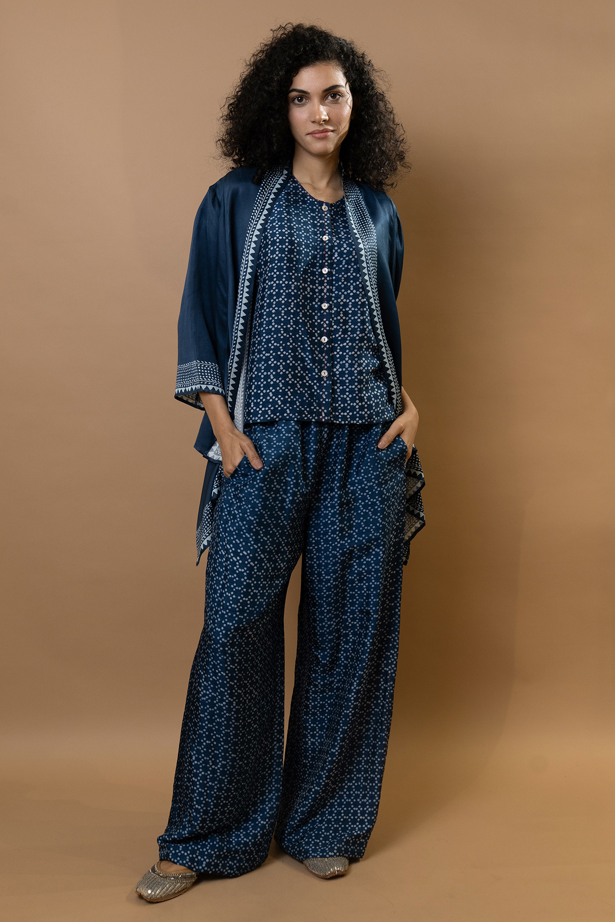 Indigo Blue Modal Block Printed Jacket With Top by Krishna Mehta at Pernia's Pop Up Shop