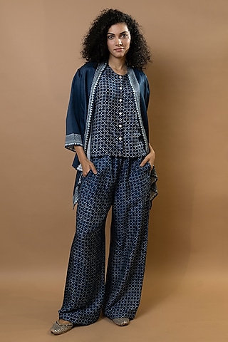 Indigo Blue Modal Block Printed Jacket With Top by Krishna Mehta