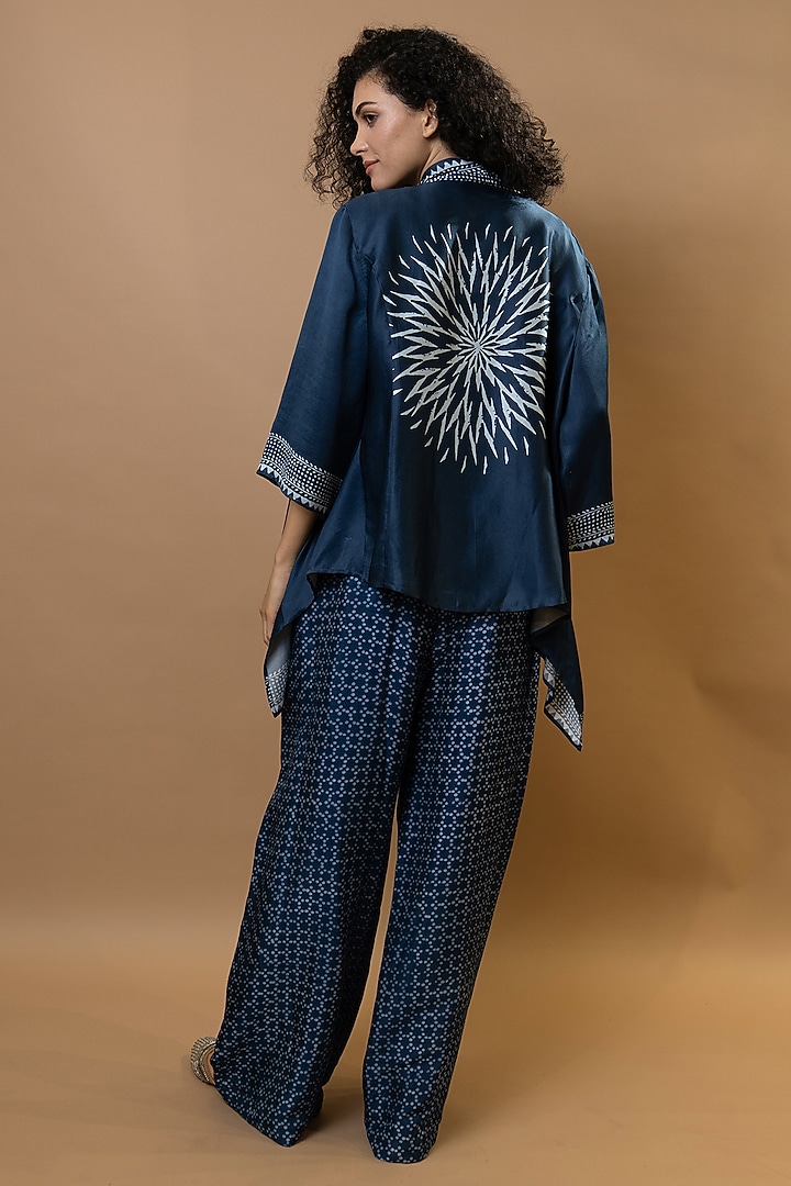 Indigo Blue Modal Block Printed Jacket With Top by Krishna Mehta at Pernia's Pop Up Shop