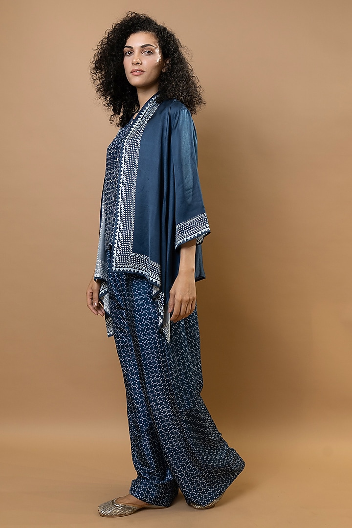 Indigo Blue Modal Block Printed Jacket With Top by Krishna Mehta at Pernia's Pop Up Shop