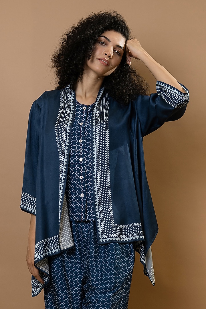 Indigo Blue Modal Block Printed Jacket With Top by Krishna Mehta at Pernia's Pop Up Shop