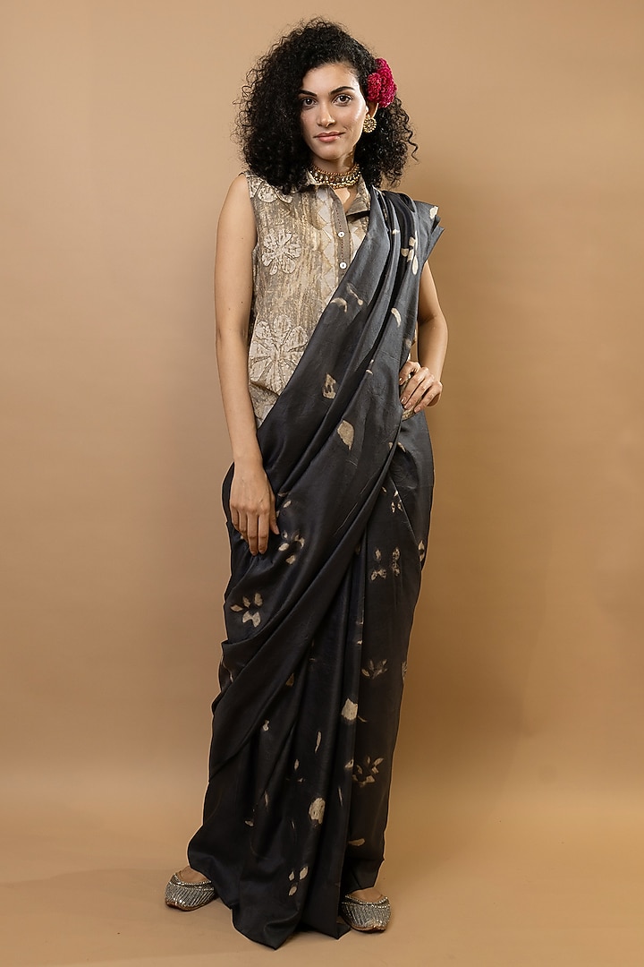 Choco-Natural Colored Pure Silk Wedding Saree by Krishna Mehta at Pernia's Pop Up Shop