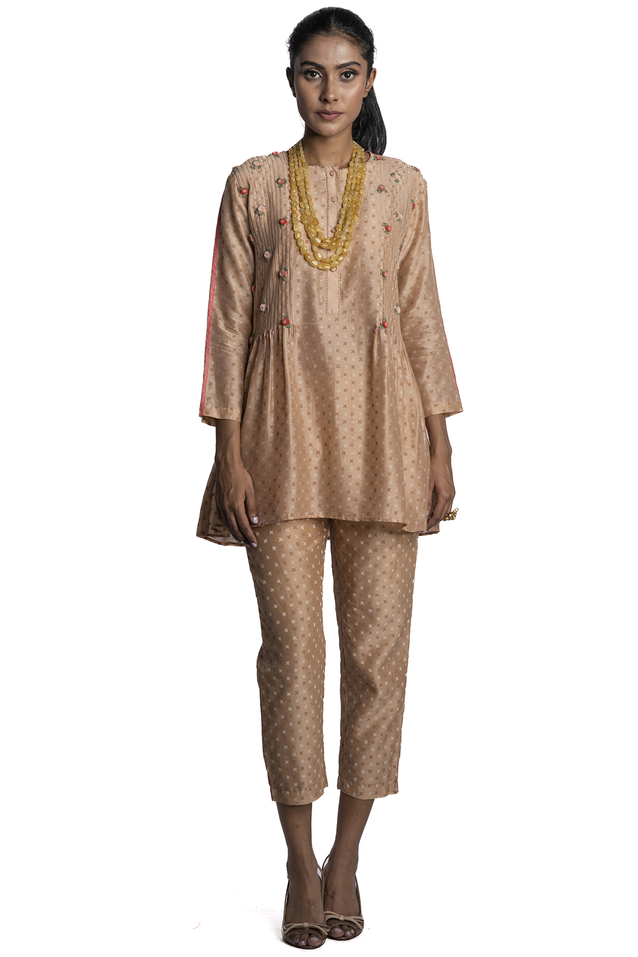 Beige Block Printed Tunic Set by Krishna Mehta at Pernia's Pop Up Shop
