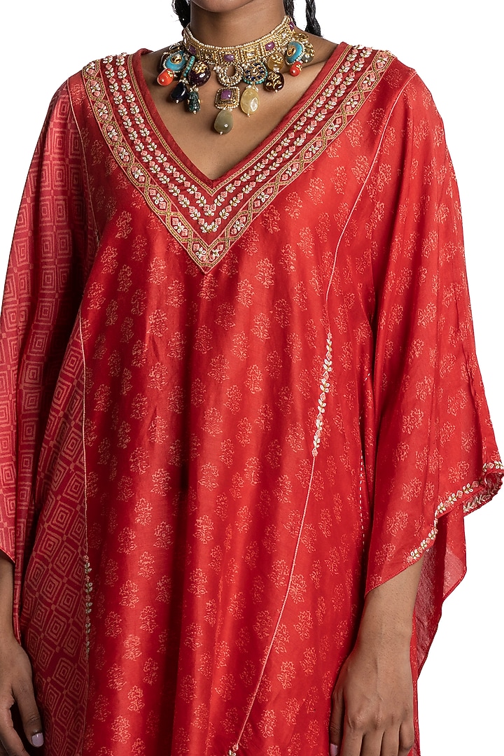 Red Printed Kaftan Set by Krishna Mehta at Pernia's Pop Up Shop