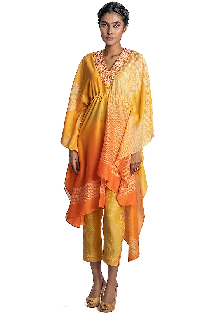 Yellow & Orange Printed Kaftan Set by Krishna Mehta