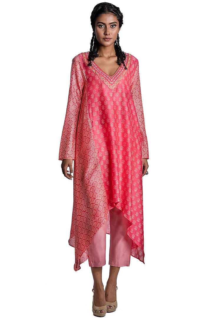 Pink Block Printed Tunic Set by Krishna Mehta