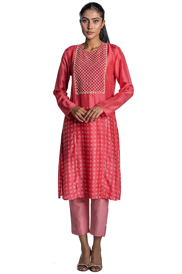 Pink Floral Printed Tunic Set by Krishna Mehta
