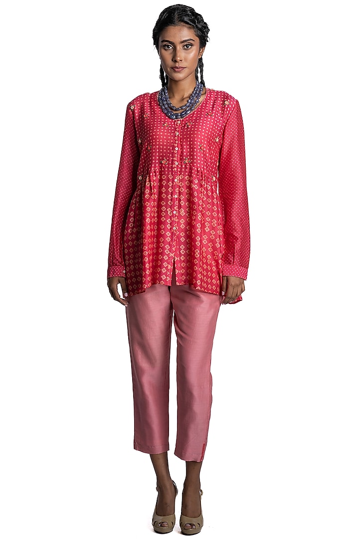 Pink Chanderi Tunic Set by Krishna Mehta