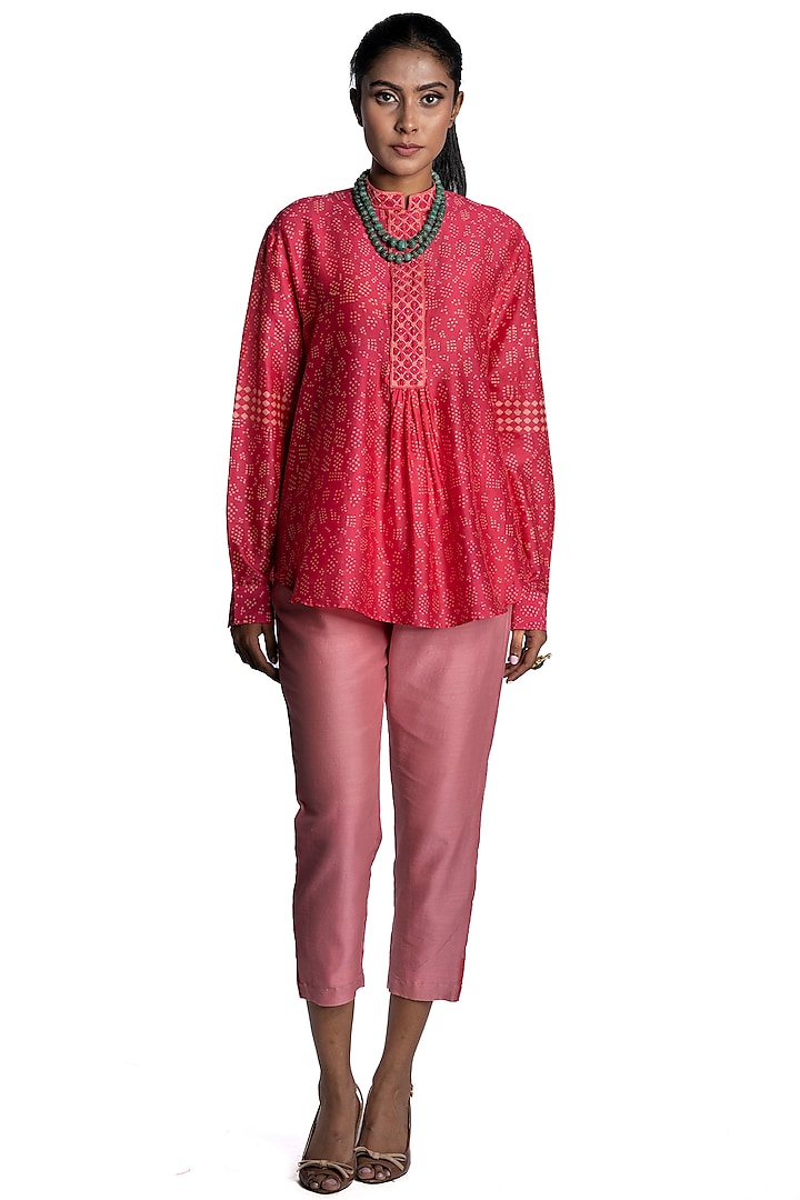 Pink Chanderi Printed Tunic Set by Krishna Mehta
