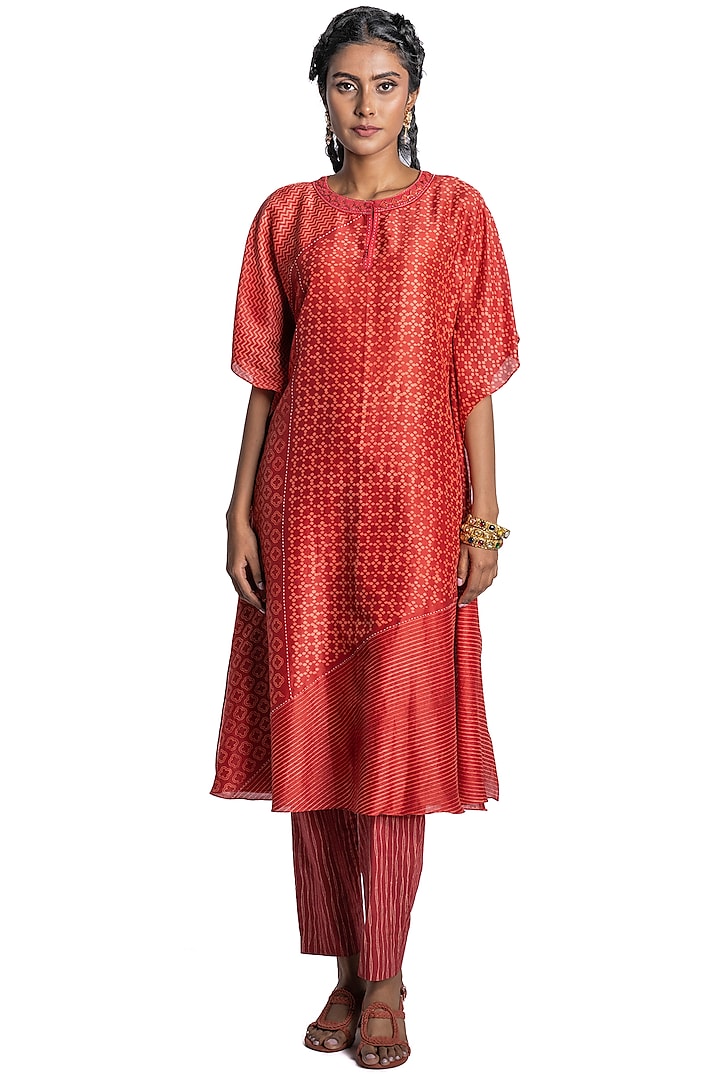Red Block Printed Tunic Set by Krishna Mehta